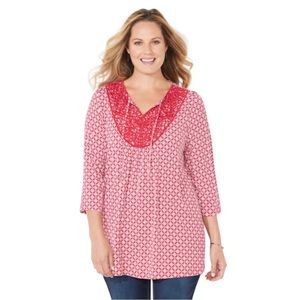 Catherines Embroidered Peasant Top Red and White 3X 26/28W